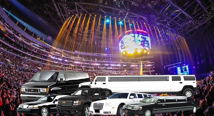 image of limo and concert arena -collage symbolizing concert limo