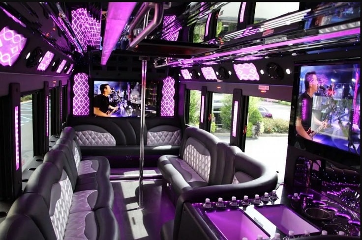 image is showing purple interior with a pole in a party bus