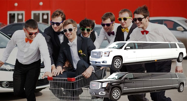 image is showing bachelor party with black and white limos