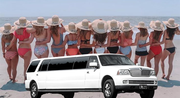 image of bachelorette party on the beach with limousine