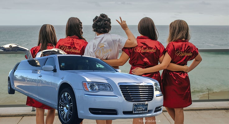 image of bachelorette party with white limousine - collage image