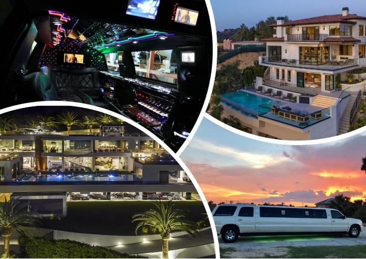 image is showing a collage with bel air luxury houses and limousine interiors