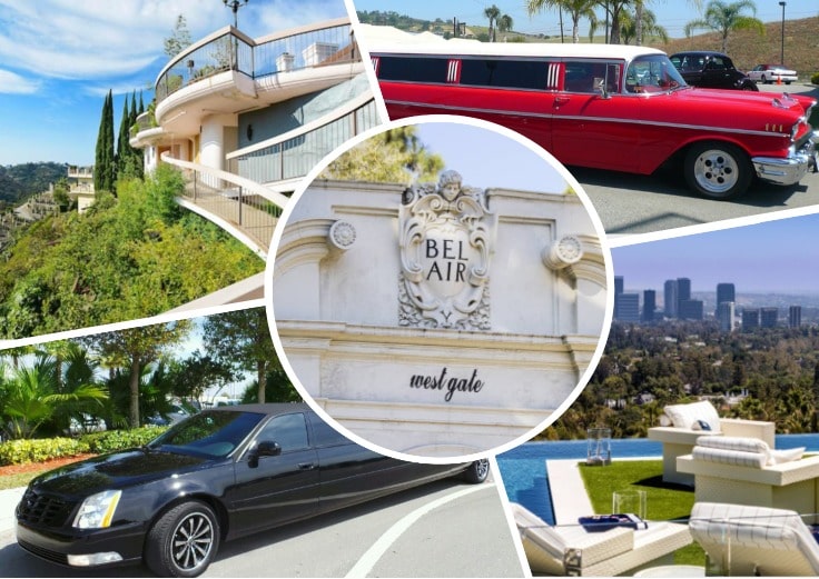 image is showing a collage about bel air views and black and red limos