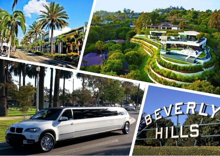 image is showing a collage about Beverly Hills views and white limo