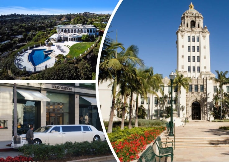 image is showing a collage about Beverly Hills Hall and white limo