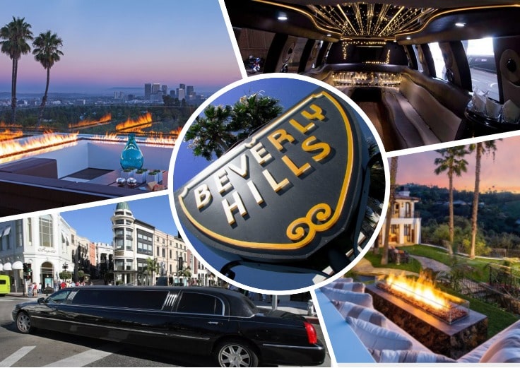 image is showing a collage about Beverly Hills views and black limo