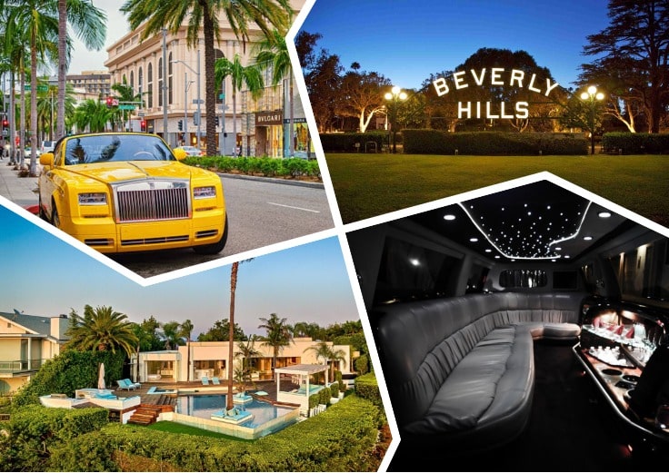 image is showing a collage about Beverly Hills views and yellow car