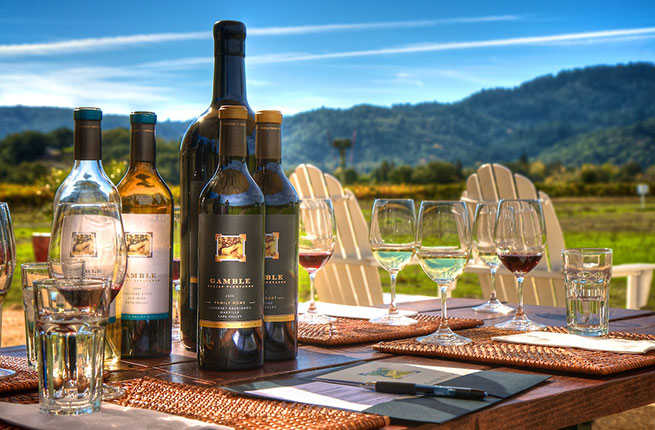 image is showing bottles with wine and valley of vineyards in napa