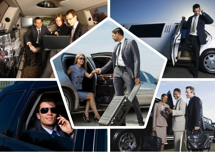 image is showing collage of corporate limo and business men