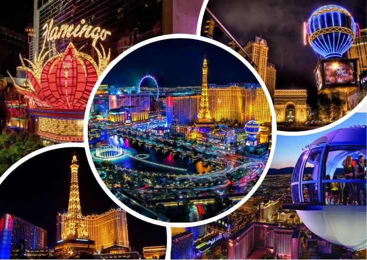 image is showing collage of flamingo, paris, and other hotels in Las Vegas