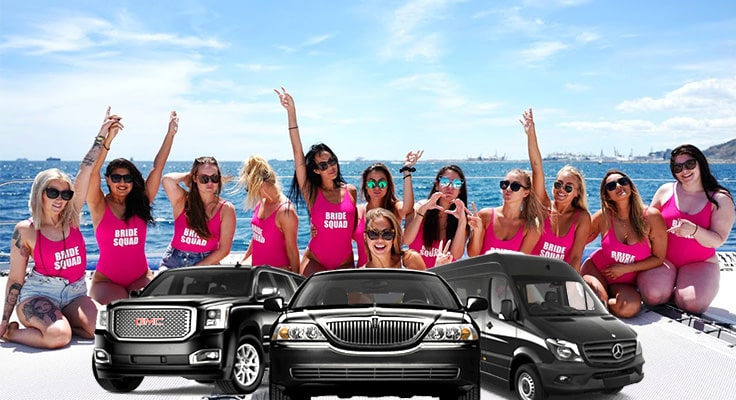 image of group for bachelorette party with limousines