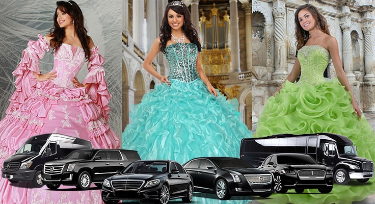 image showing collage of quinceaneara dresses girls and limos