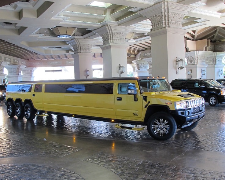 image is showing yellow Hammer Limousine in Las Vegas hotel