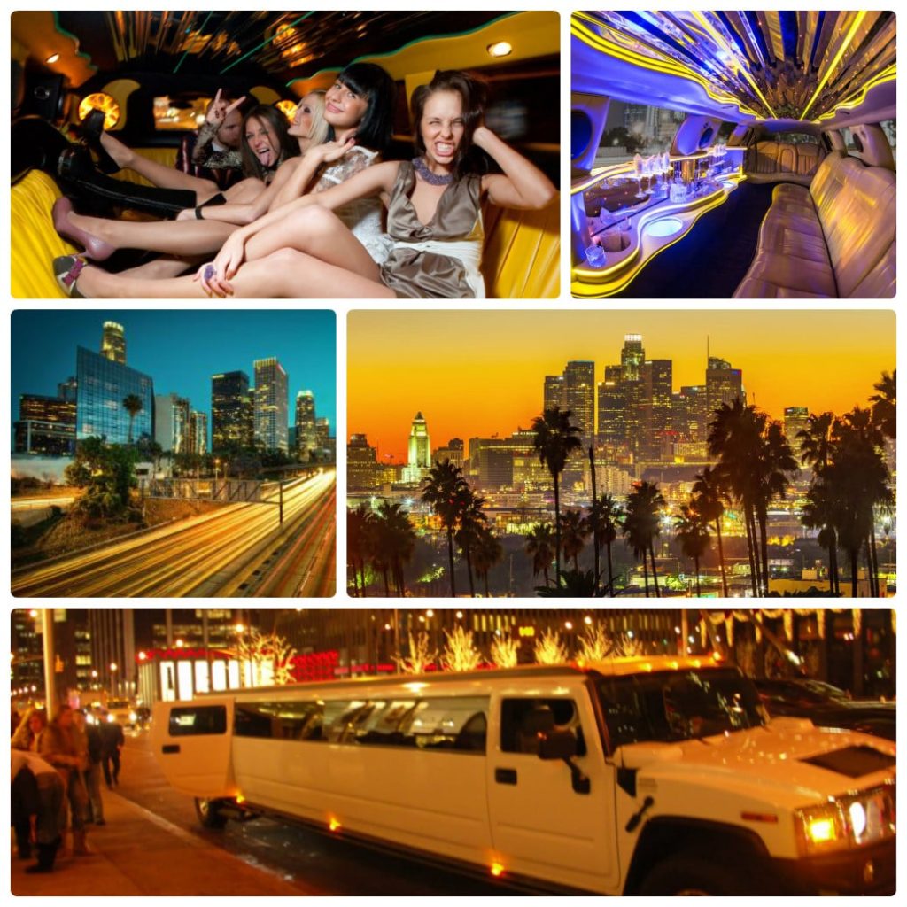 image is showing collage about limo party in Los Angeles City at night time