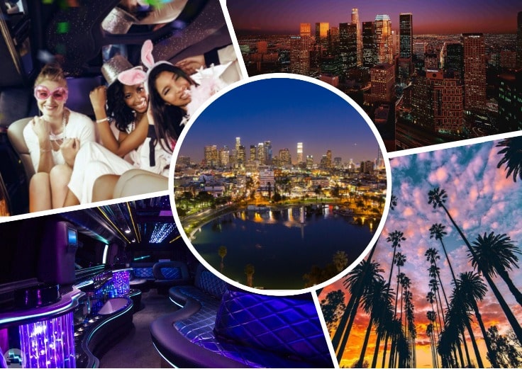 image is showing collage about limo party in Los Angeles City at night time