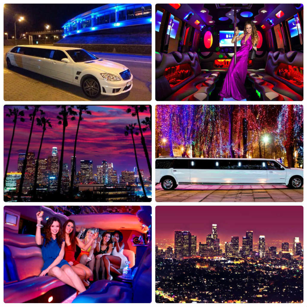 image is showing collage about limo party in Los Angeles City at night time