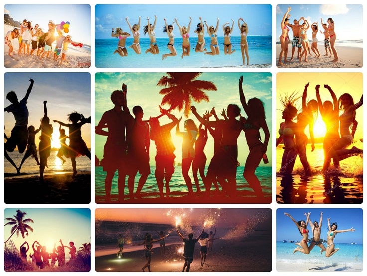 image is showing collage about beach party in Los Angeles City at night time