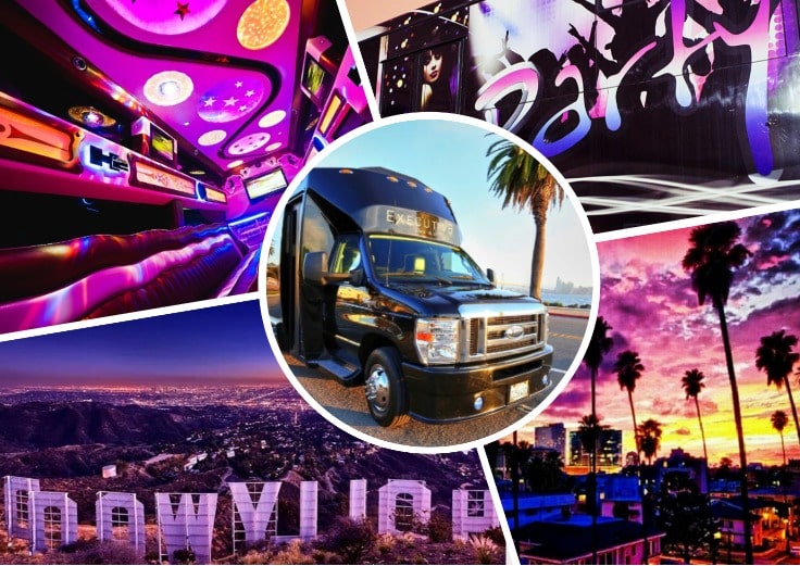 image is showing collage about limo party in Los Angeles City at night time