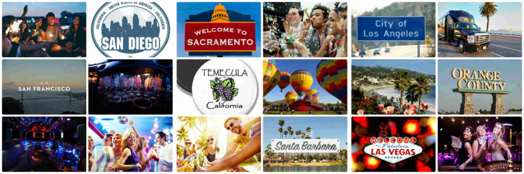 image is showing a collage about California Party Busses