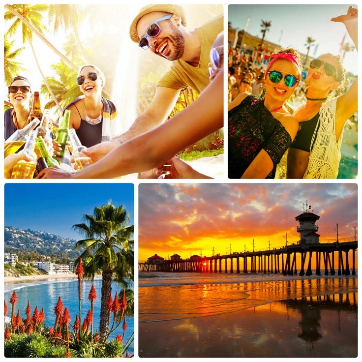 image is showing collage of people parting and views of Orange County