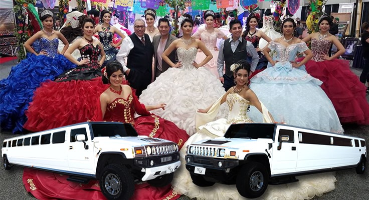 collage of quinceanera images and limos