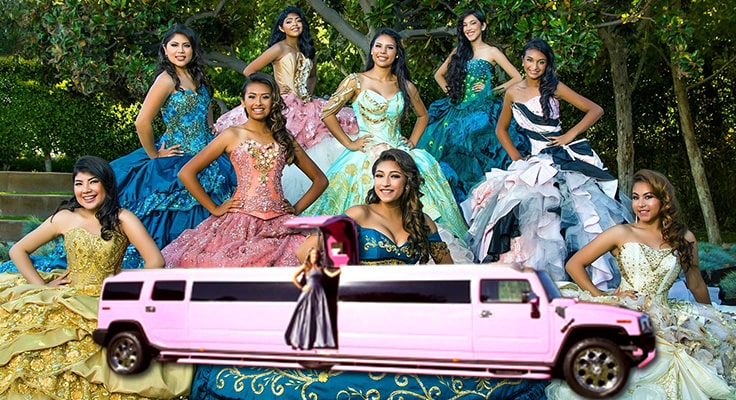 images of group of people dresses for quinceanera and limousines