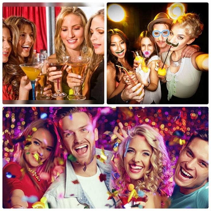 image is showing collage about people party during the bus ride