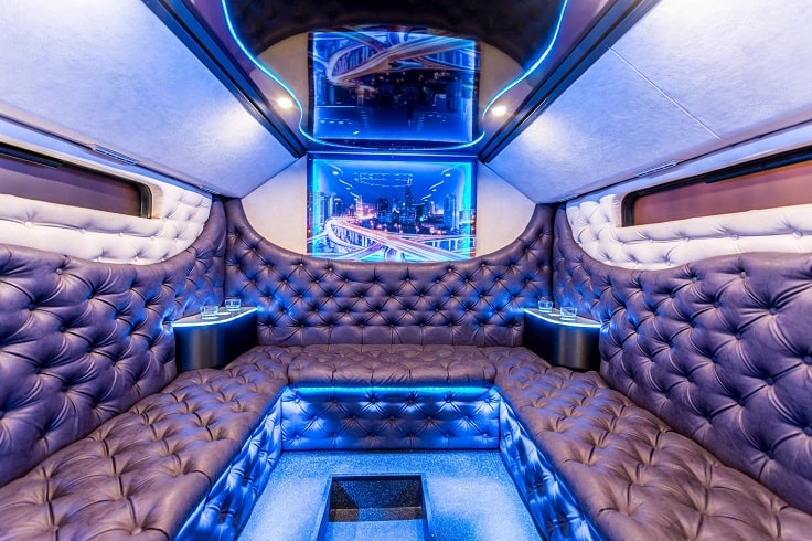 blue and brown party bus luxury inside