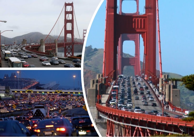 image is showing collage of San Francisco bridge and traffic