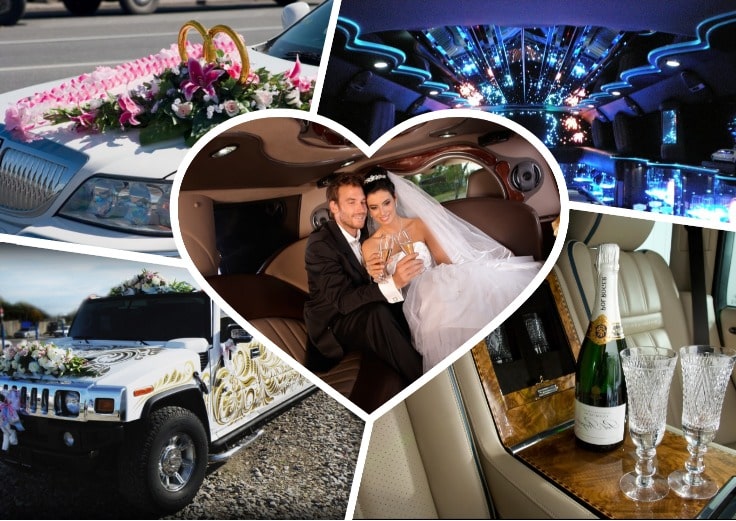 image is showing a collage about wedding limos