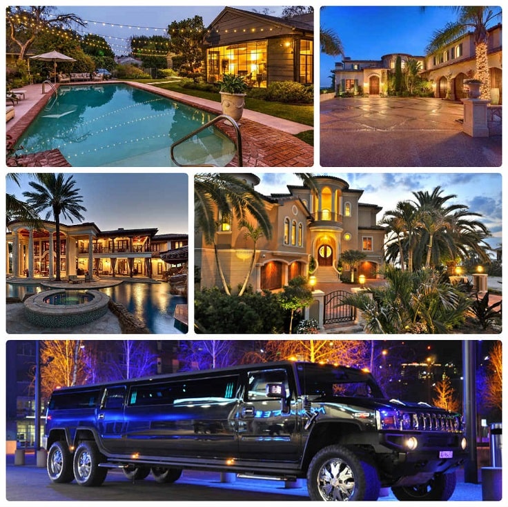 image is showing a collage about encino views and black hummer limo