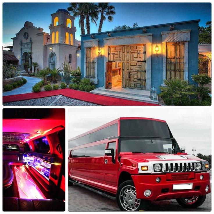 image is showing a collage about encino view and red hummer limo