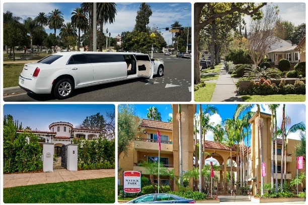 image is showing a collage about sherman oaks views and white limo