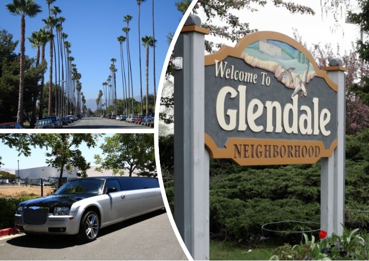 image is showing a collage about Glendale sign, the road with palms and grey limo