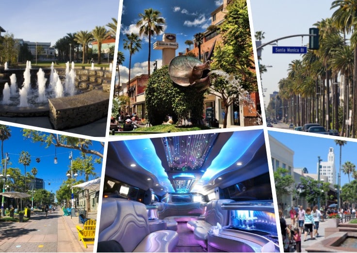 image is showing a collage about Santa Monica views and interior of luxury limo