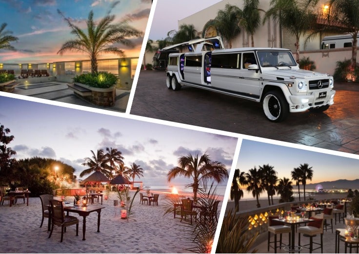 image is showing a collage about beach views and white limo