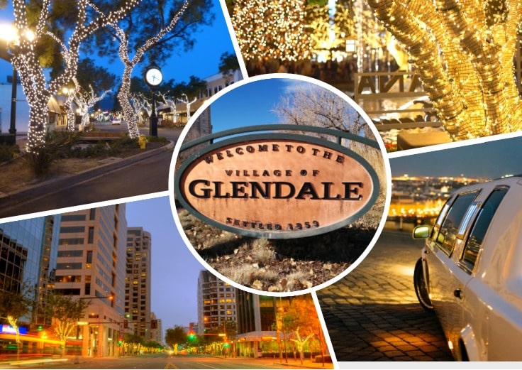 image is showing a collage about Glendale sign and trees with lights