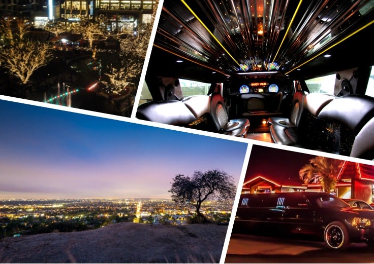 image is showing a collage about interior of luxury limo and Glendale night view