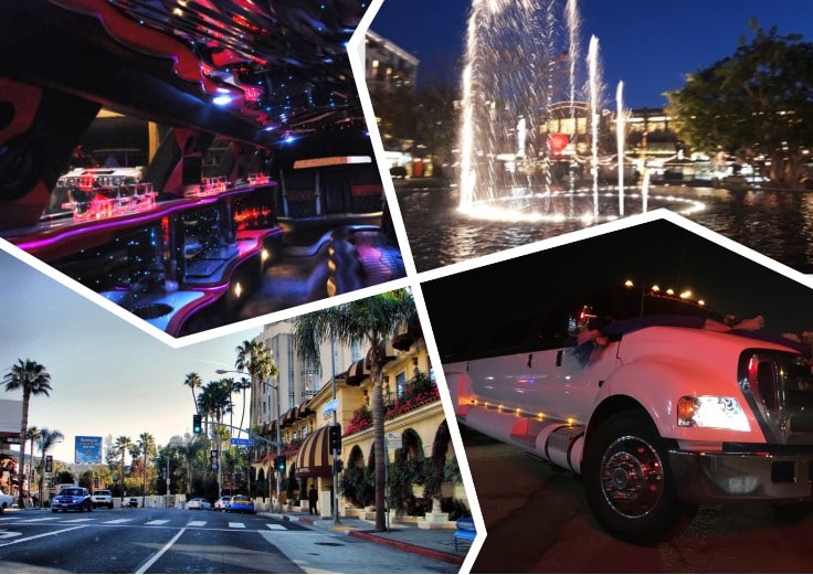 image is showing a collage about interior of luxury limo and Glendale view