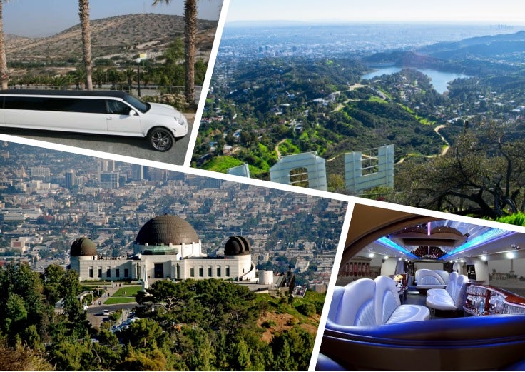 image is showing a collage about Griffit Observatory and Hollywood Lake views and white limo