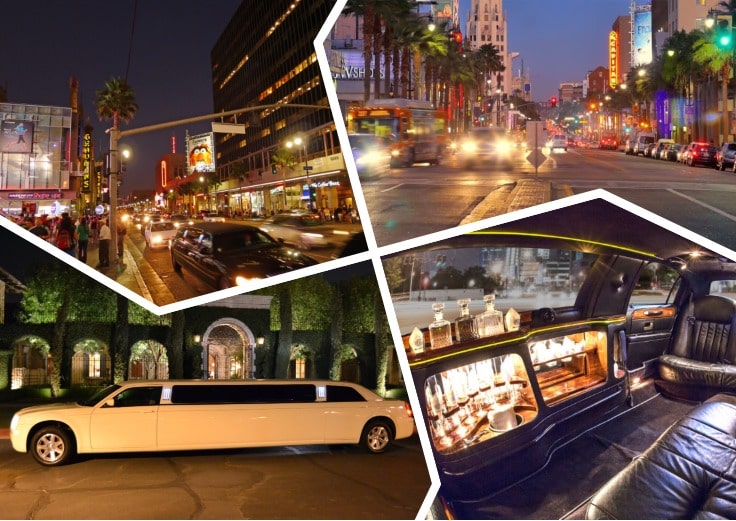 image is showing a collage about Hollywood Blvd view and white limo at night time