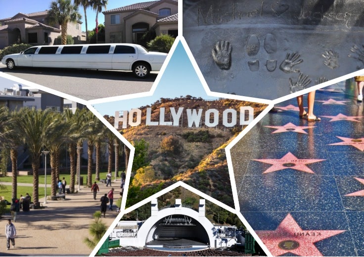 image is showing a collage about Hollywood stars alley, Hollywood Bowl and white limo