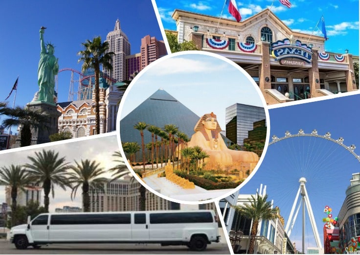 image is showing collage about Las Vegas views and white limo