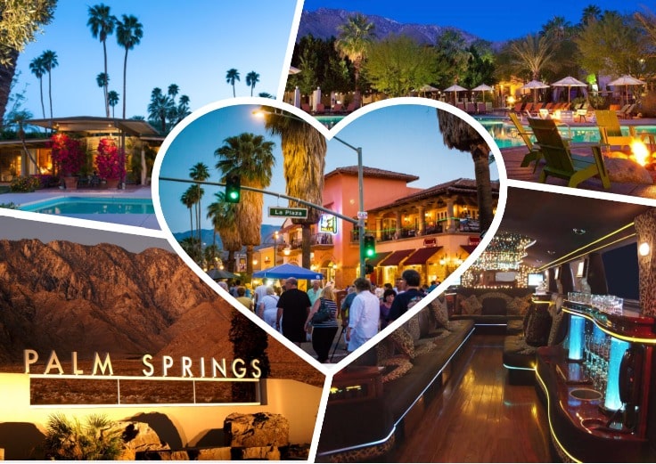 image is showing collage about palm springs views and the interior of luxury limo