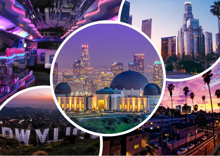 image is showing a collage about Griffit Observatory, Los Angeles views and Los Angeles Downtown