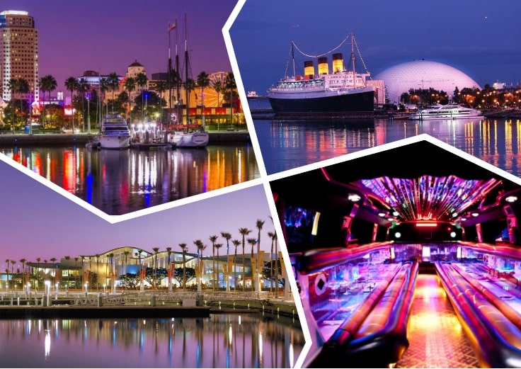 image is showing a collage about long beach views, Queen Mary Ship and the interior of luxury limo at night time