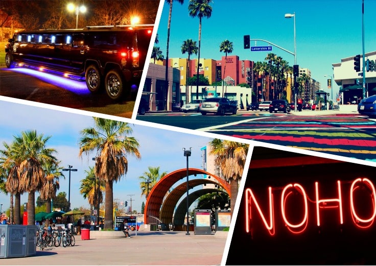 image is showing a collage about black hummer limo, NoHo metro station and North Hollywood view