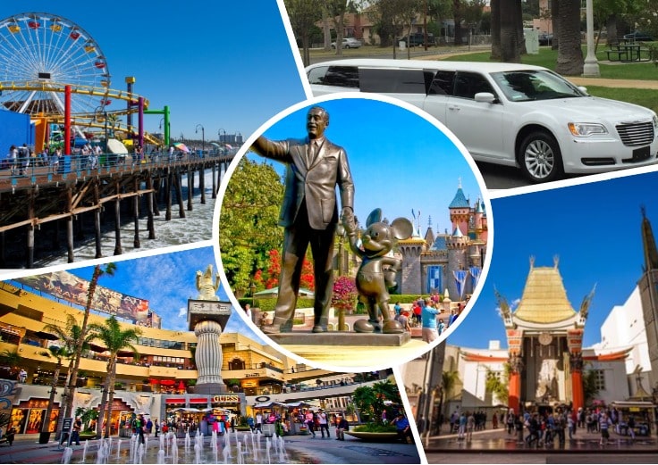 image is showing a collage about Disney Monument in Disneyland, Anaheim, Los Angeles views, white limo and Santa Monica Pier