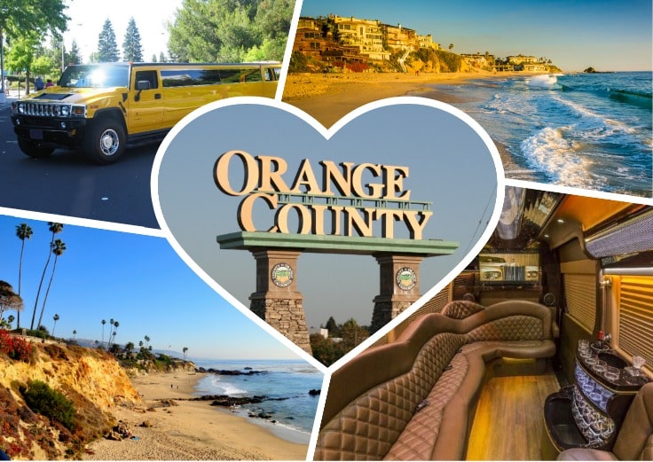 image is showing a collage about orange county sign and yellow limo limo for rental orange county