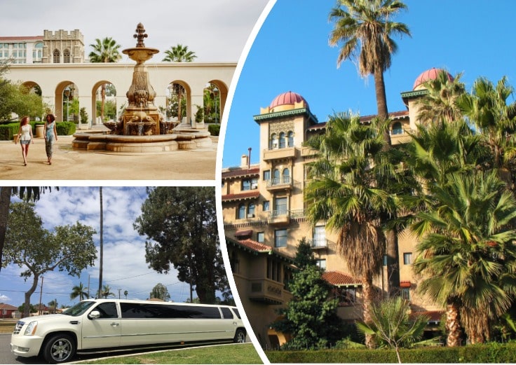 image is showing a collage about Pasadena view and white limo